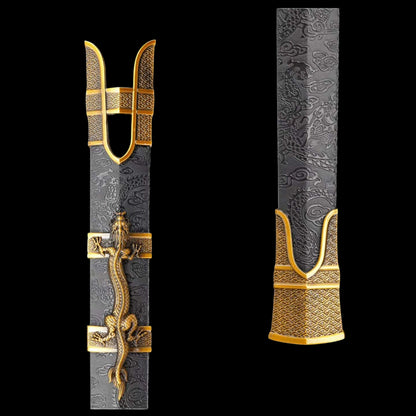 Wandering Dragon Chinese Sword, High‑Manganese Steel Blade, Integrated Alloy Dragon‑Carved Handle, Wood Scabbard Wrapped With Silk, Historical Collectible Sword