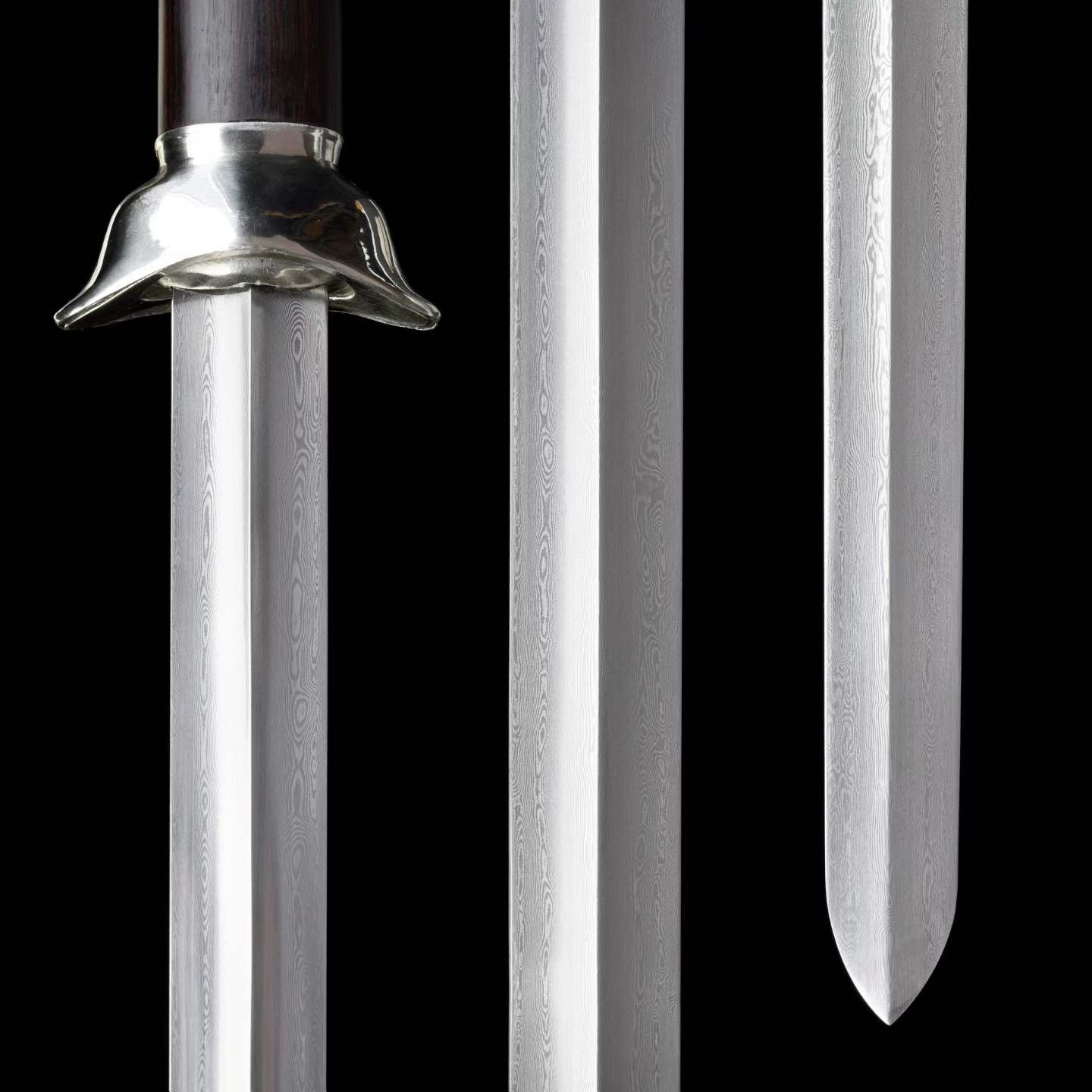 Plain‑Fitted White Copper Ingot Two‑Handed Chinese Jian, Full Tang Construction, Sharp Blade, Hand Forged Damascus Steel Blade, Premium Ebony Wood Handle And Scabbard, Historical Replica Collectible Sword