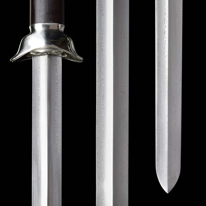 Plain‑Fitted White Copper Ingot Two‑Handed Chinese Jian, Full Tang Construction, Sharp Blade, Hand Forged Damascus Steel Blade, Premium Ebony Wood Handle And Scabbard, Historical Replica Collectible Sword