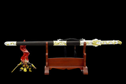 Dragon‑King Chinese Sword, Full Tang Construction, Sharp Blade, High‑Manganese Steel Eight‑Sided Blade With Engraved Gilded Pattern, Zinc Alloy Fittings, Premium Ebony Wood Scabbard, Myth‑Inspired Collectible Sword