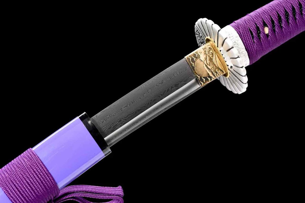 Purple Shadow Katana, Full Tang Construction, Forged Damascus Steel Blade, Sharp Edge, Lacquer Painted Solid Wood Scabbard, Collectible Decorative Japanese Sword