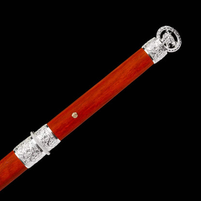 Cang‑Lin Ring‑Pommel Sword, Full Tang Construction, High‑Manganese Steel Forged Sharp Blade, Zinc Alloy Fittings, Premium Red Wood Handle And Scabbard, Collectible Display Sword