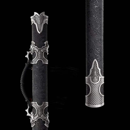 Xuan‑Lin Imperial Qilin Jian, Full Tang Construction, Sharp Blade, Forged High Manganese Steel, Alloy Fittings, One‑Piece Alloy Handle, Solid Wood Artificial Leather Wrapped Scabbard, Historical Collectible Chinese Sword