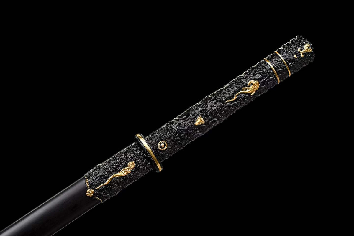 Darknight Tang Heng Dao, Full Tang Construction, Sharp Blade, Forged Damascus Steel, Alloy Cloud‑Beast Carved Fittings, Premium Dragon‑Phoenix Hardwood Scabbard, Historical Collectible Chinese Sword