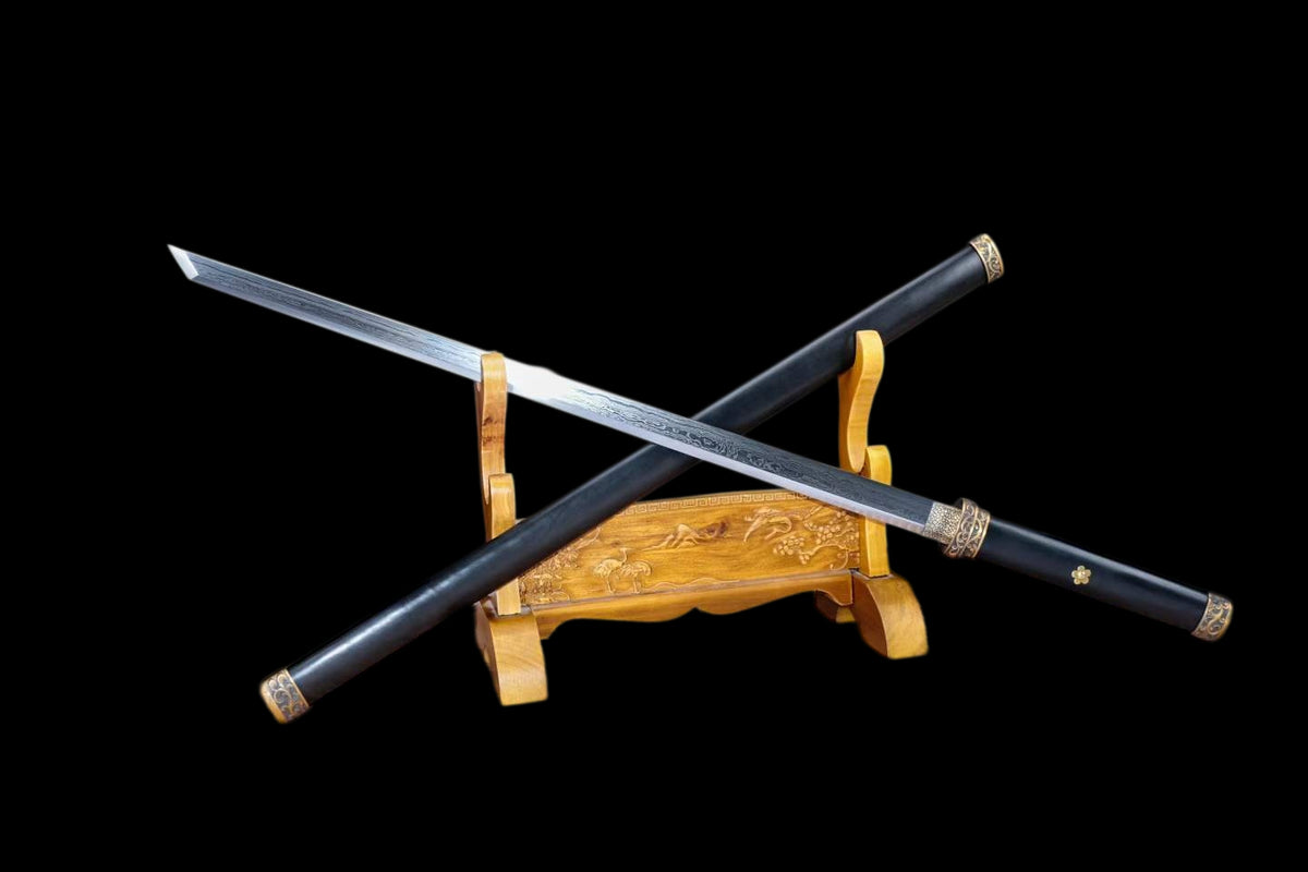 Dark Ink Tang Straight Sword, Full Tang Construction, Sharp Blade, Forged Damascus Steel, Pure Copper Fittings, Premium Ebony Handle & Scabbard, Historical Chinese Collectible Sword