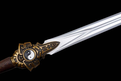 Bagua Chinese Sword, Full Tang Construction, High Manganese Steel Blade, Y-shaped Fuller, Sharp Edge, Rotatable Tai Chi Alloy Fittings, Premium Hainan Huanghuali Wood Scabbard, Collectible Decorative Chinese Sword