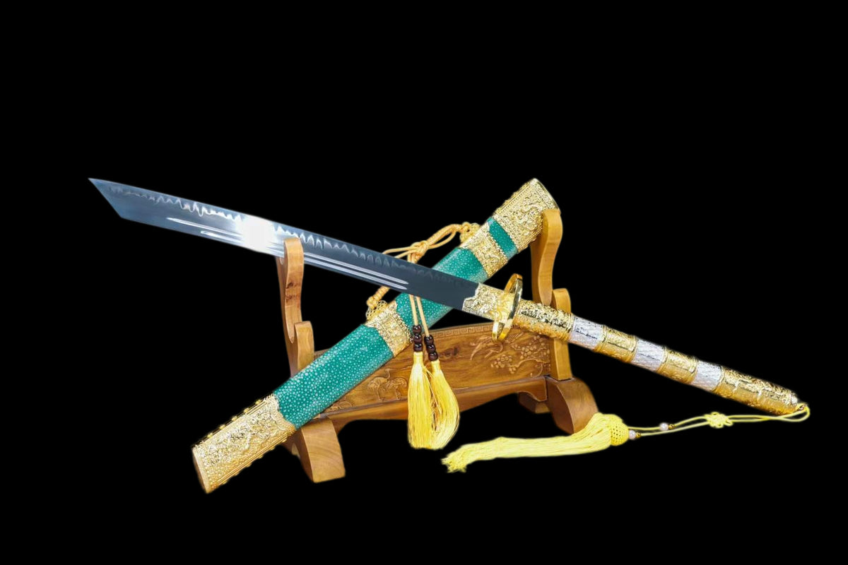 Full Tang Kirin Kangxi Imperial Saber, T10 Steel Clay Tempered Blade, Twin Fullers, Alloy Kirin Fittings, Imitation Ray Skin Wrapped Scabbard, Chinese Collectible Qing Dynasty Sword