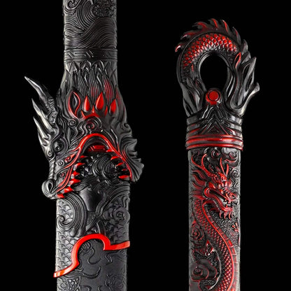 Full Tang Dragon Themed Straight Sword Replica, Sharp Cutting Edge, High‑Manganese Steel Blade, One‑Piece Alloy Handle, Wood Artificial Leather Scabbard Historical Collectible Sword