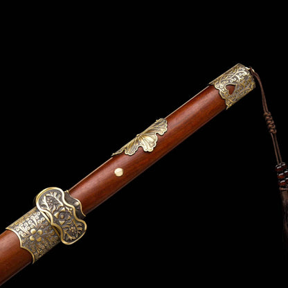 Full Tang Ding Baiying Chinese Sword, Forged Damascus Steel Sharp Blade, Brass Engraved Fittings, Dragon Phoenix Sandalwood Scabbard, Collectible Wuxia Sword