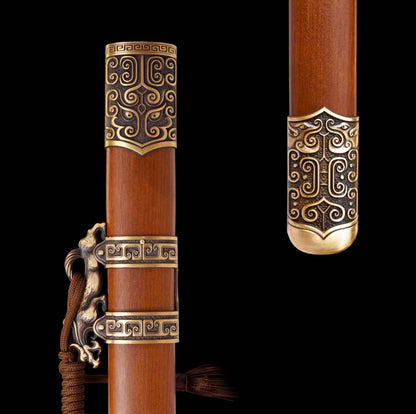 Autumn-Water Tang Sword, Full Tang Construction, Sharp Blade, Forged Damascus Steel, Brass Fittings, Premium Dragon-Phoenix Hardwood Handle And Scabbard, Ancient Chinese Heroic Replica Sword