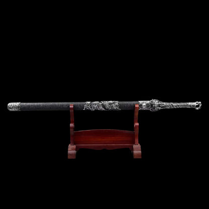 Coiled‑Dragon Ring‑Pommel Jian, Full Tang Construction, Sharp Blade, Forged High‑Manganese Steel Double Fuller Blade, Alloy Dragon‑Carved Fittings, One‑Piece Metal Handle, Solid‑Wood Faux‑Leather Wrapped Scabbard, Historical Chinese Collectible Sword