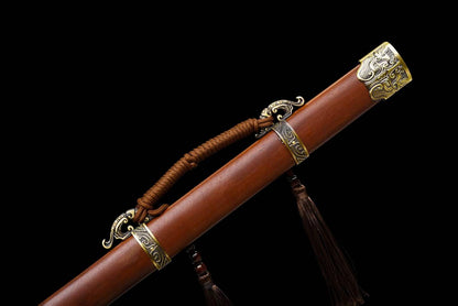Lock‑Moon Ring‑Pommel Sword, Full Tang Construction, Sharp Blade, High‑Manganese Steel Forged Blade, Premium Dragon‑Phoenix Hardwood Handle And Scabbard, Historical Replica Collectible Sword