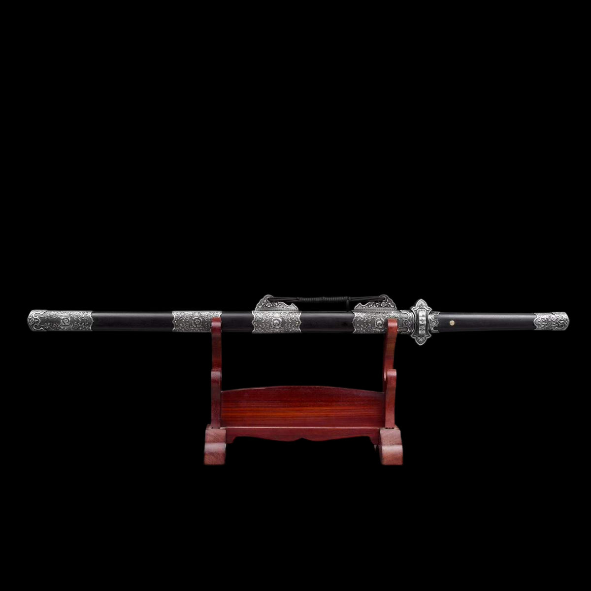 Jin‑Shuang Tang Dao, Full Tang Construction, Sharp Blade, High‑Manganese Steel Blade, Zinc‑Alloy Peony Engraved Fittings, Premium Ebony Wood Handle And Scabbard, Historical Replica Collectible Sword