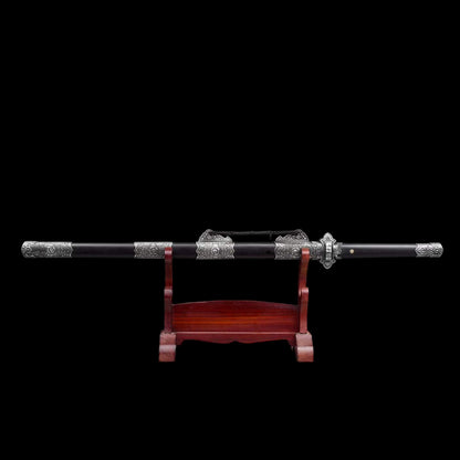 Jin‑Shuang Tang Dao, Full Tang Construction, Sharp Blade, High‑Manganese Steel Blade, Zinc‑Alloy Peony Engraved Fittings, Premium Ebony Wood Handle And Scabbard, Historical Replica Collectible Sword
