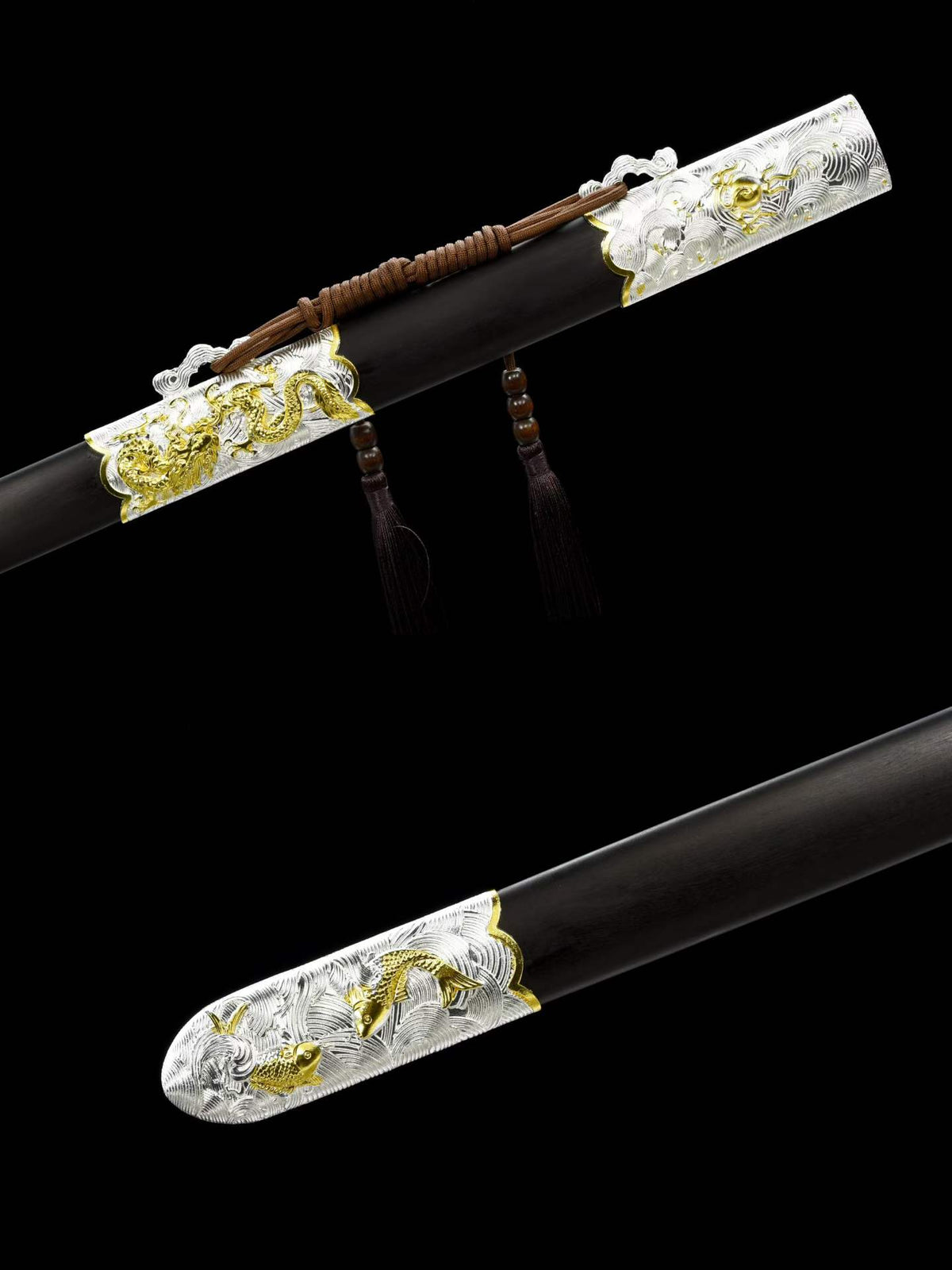 Golden Dragon Koi Chinese Jian, Full Tang Construction, High Manganese Steel Blade, Sharp Edge, Alloy Fittings, Premium Ebony Scabbard, Collectible Decorative Chinese Sword