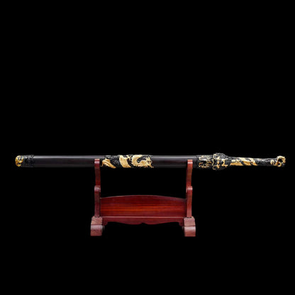 Dragon Theme Chinese Sword, High Manganese Steel Forged, Full Tang, Sharp Blade, Mirror Polished Convex Blade, Ebony Scabbard Collectible Decorative Sword