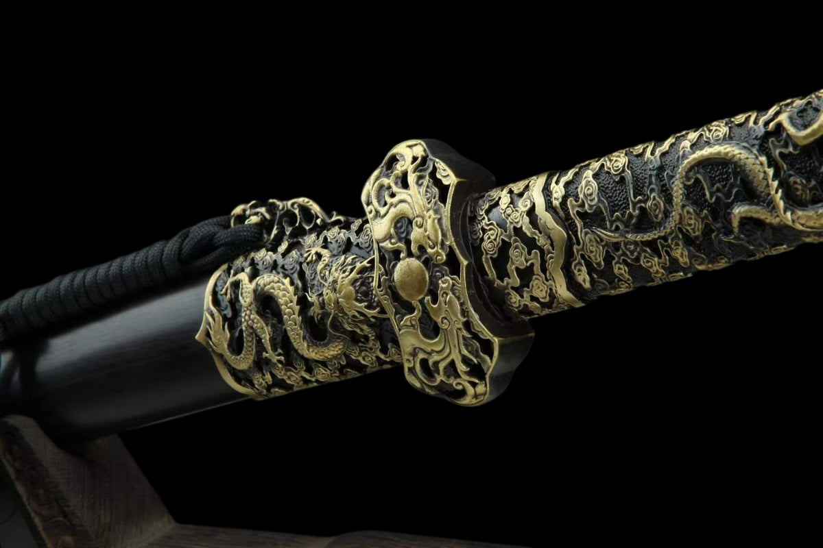Rui Long Tang Dao, Damascus Steel Hand‑Forged Blade, Brass Intricately Carved Aged Fittings, Premium Ebony Scabbard, Full‑Tang Construction, Sharp Edge, Collectible Decorative Tang Sword