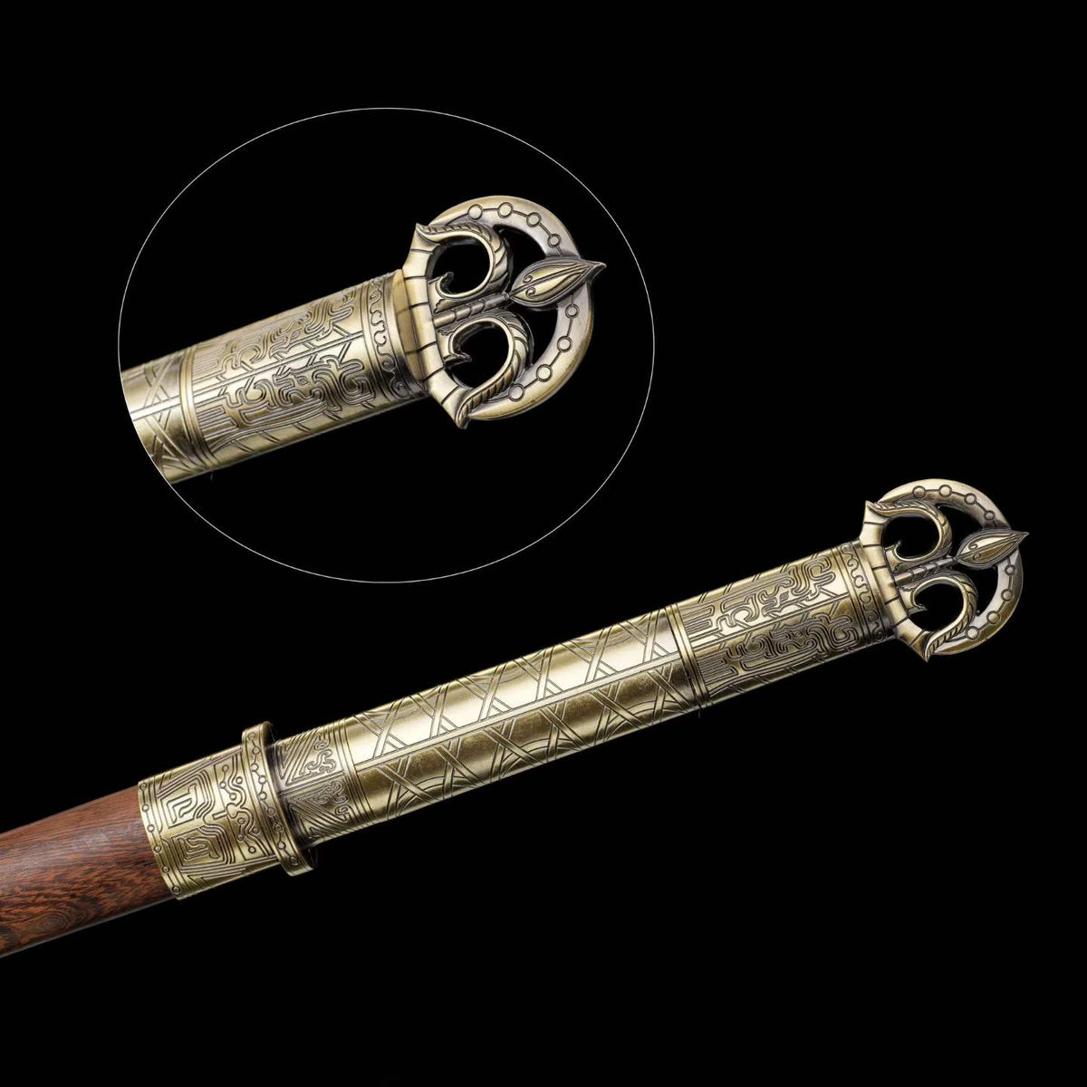 You‑Yun Tang Dao, Full Tang Construction, Sharp Blade, High‑Manganese Steel Blade, Alloy Fittings With Antique Meander Engraving, All‑Metal Integrated Handle, Premium Wing Wood Scabbard, Historical Collectible Chinese Sword