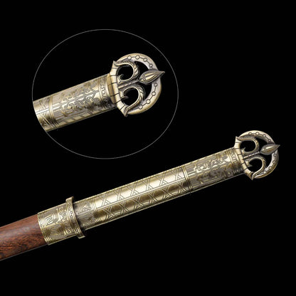 You‑Yun Tang Dao, Full Tang Construction, Sharp Blade, High‑Manganese Steel Blade, Alloy Fittings With Antique Meander Engraving, All‑Metal Integrated Handle, Premium Wing Wood Scabbard, Historical Collectible Chinese Sword