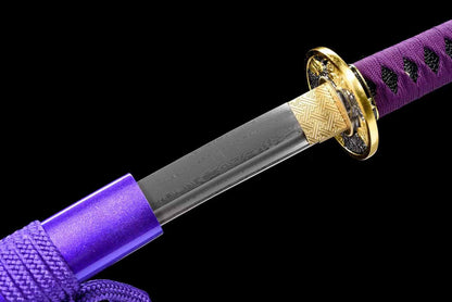 Purple Ginkgo Katana, Full Tang Construction, Forged Damascus Steel Blade, Sharp Edge, Lacquer Painted Solid Wood Scabbard, Collectible Decorative Japanese Sword