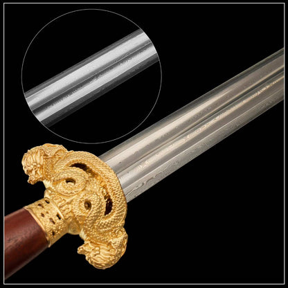 Nine‑Dragon Sword, Full Tang Hand Forged Damascus Steel Chinese Jian, Sharp Blade, Dual Fullers, Alloy Fittings With Gold‑Toned Open‑Work Dragon Ornaments, Dragon‑Phoenix Sandalwood Handle & Scabbard, Historical Collectible Sword