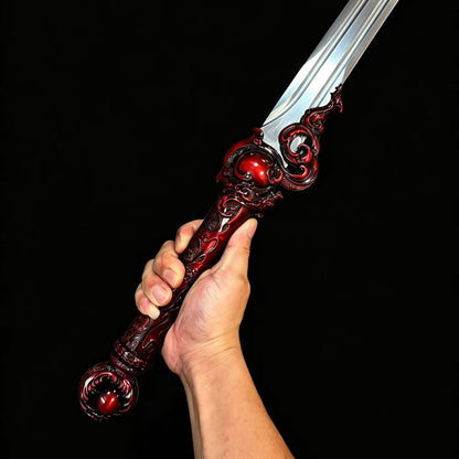 Blazing Dragon Soul Sword, One‑Piece Metal Handle, **Full Tang Construction, Sharp Blade**, Forged High‑Manganese Steel Blade, Red Alloy Dragon Fittings, Solid Wood Scabbard Wrapped in Artificial Leather, Chinese Fantasy Collectible Sword