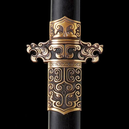 Taotao Ring Pommel Tang Dao, Full Tang Construction, Forged Damascus Steel Blade, Sharp Edge, Brass Taotao Carved Fittings, Premium Dragon Phoenix Rosewood Scabbard & Handle, Collectible Decorative Chinese Sword