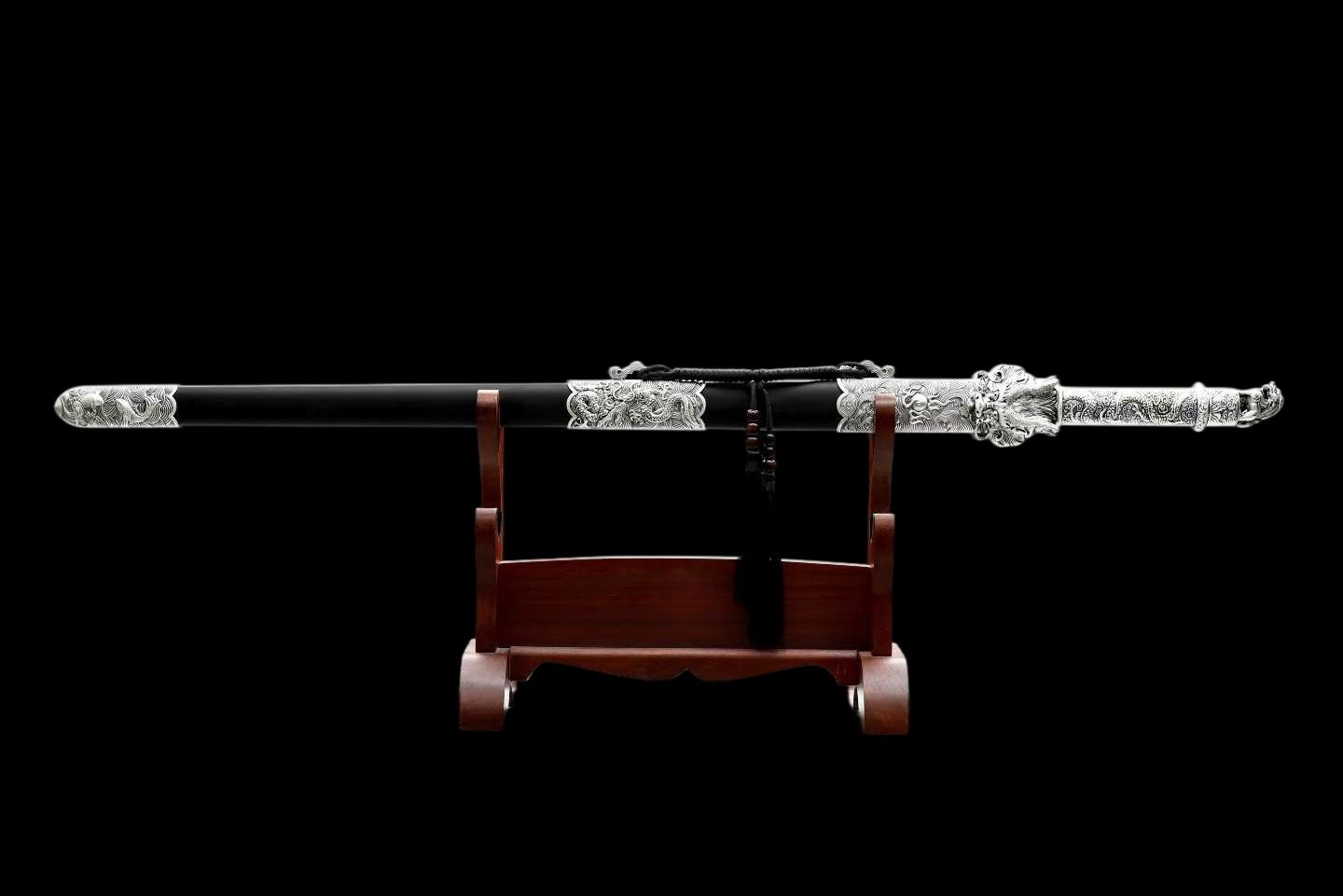 Cang‑Lan Dragon Sovereign Jian, Full Tang Construction, Sharp Blade, High Manganese Steel Octahedral Blade, Alloy Dragon‑Wave Fittings, Premium Ebony Wood Scabbard, Historical Collectible Chinese Sword