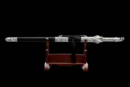 Cang‑Lan Dragon Sovereign Jian, Full Tang Construction, Sharp Blade, High Manganese Steel Octahedral Blade, Alloy Dragon‑Wave Fittings, Premium Ebony Wood Scabbard, Historical Collectible Chinese Sword