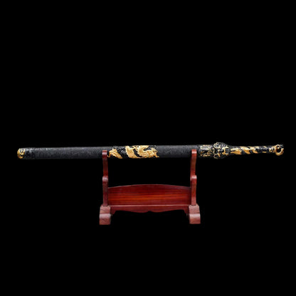 Cang‑Lan Dragon Sky Sword, High‑Manganese Steel Hollow Groove Blade, Full Tang Metal Hilt, Wood Artificial Leather Scabbard Collectible Chinese Sword