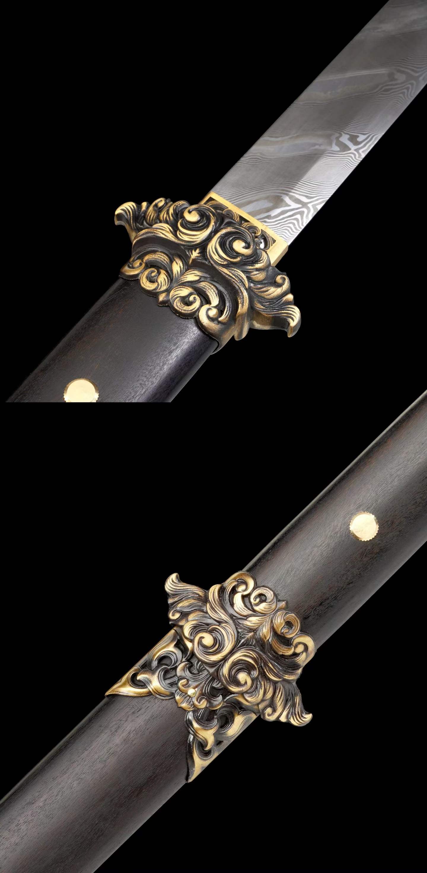 Full Tang Dao Replica, Sharpened Blade, Twist Pattern Damascus Steel Forged, Dragon‑Phoenix Sandalwood Scabbard & Handle, Brass Fittings Collectible Sword
