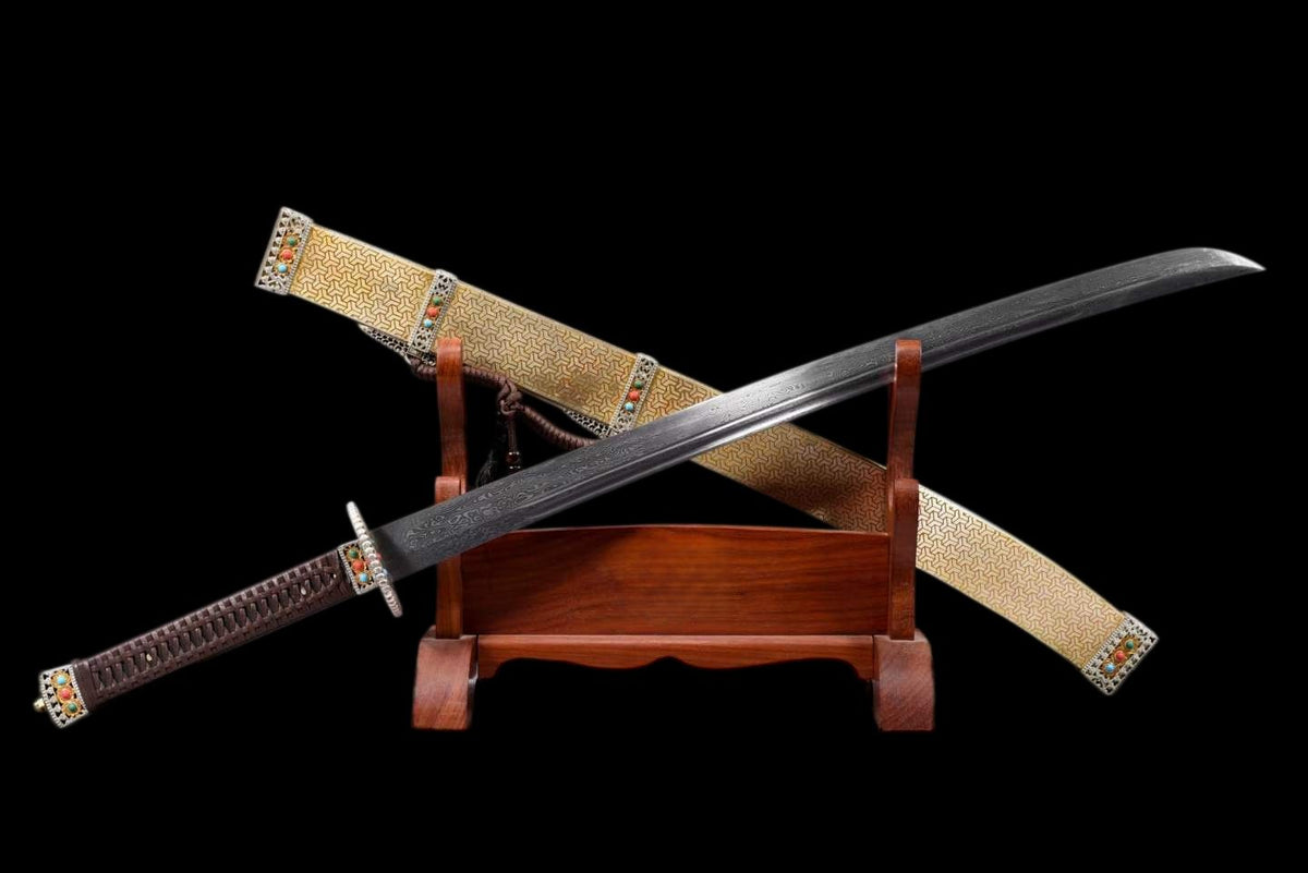 Full Tang Golden Talisman Saber, Hand Carved Two-Tone Copper Fittings, Solid Wood Handle Wrapped with Cord, Damascus Steel Sharp Edge, Pure Copper Wrapped Solid Wood Scabbard, Chinese Collectible Sword