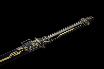 Golden Circuit Cyberpunk Tang Dao, Full Tang Forged Steel Straight Sword, Futuristic Sci-Fi Golden Circuit Etching with Aluminum Alloy Scabbard for Cosplay Display Collection