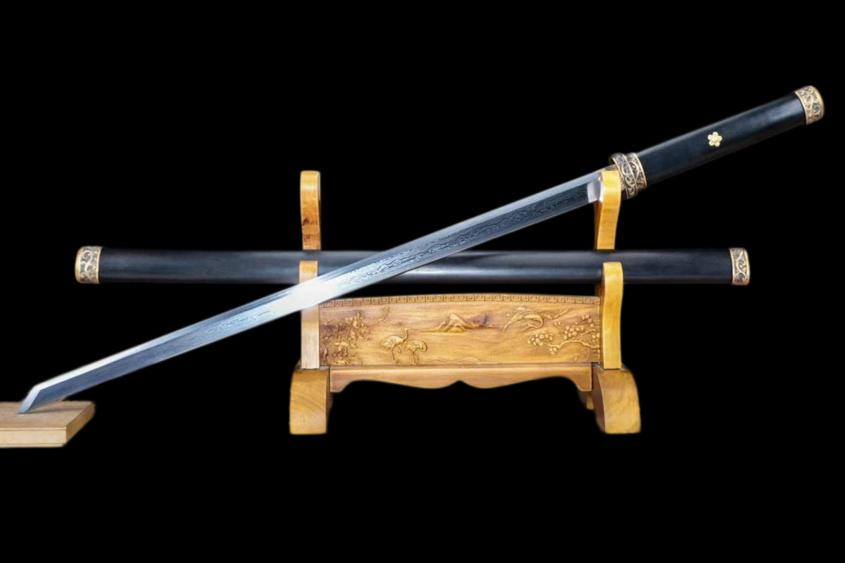 Dark Ink Tang Straight Sword, Full Tang Construction, Sharp Blade, Forged Damascus Steel, Pure Copper Fittings, Premium Ebony Handle & Scabbard, Historical Chinese Collectible Sword