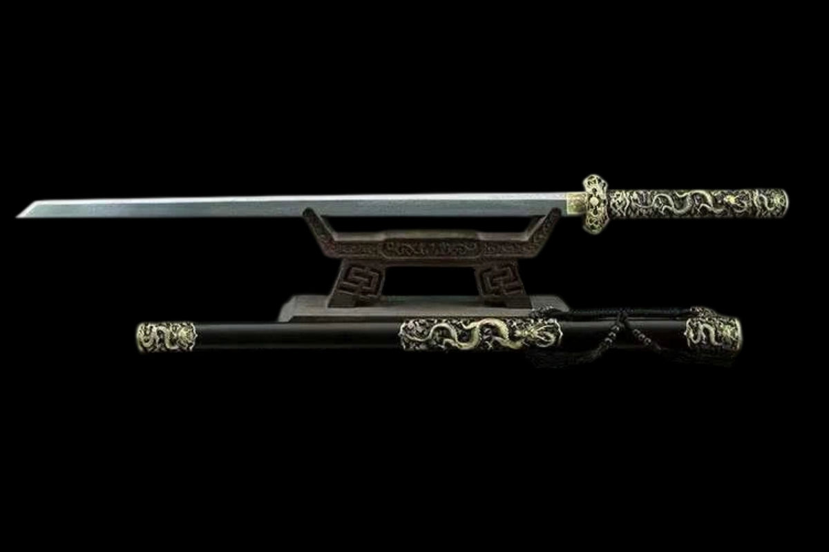 Rui Long Tang Dao, Damascus Steel Hand‑Forged Blade, Brass Intricately Carved Aged Fittings, Premium Ebony Scabbard, Full‑Tang Construction, Sharp Edge, Collectible Decorative Tang Sword