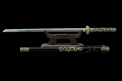 Rui Long Tang Dao, Damascus Steel Hand‑Forged Blade, Brass Intricately Carved Aged Fittings, Premium Ebony Scabbard, Full‑Tang Construction, Sharp Edge, Collectible Decorative Tang Sword