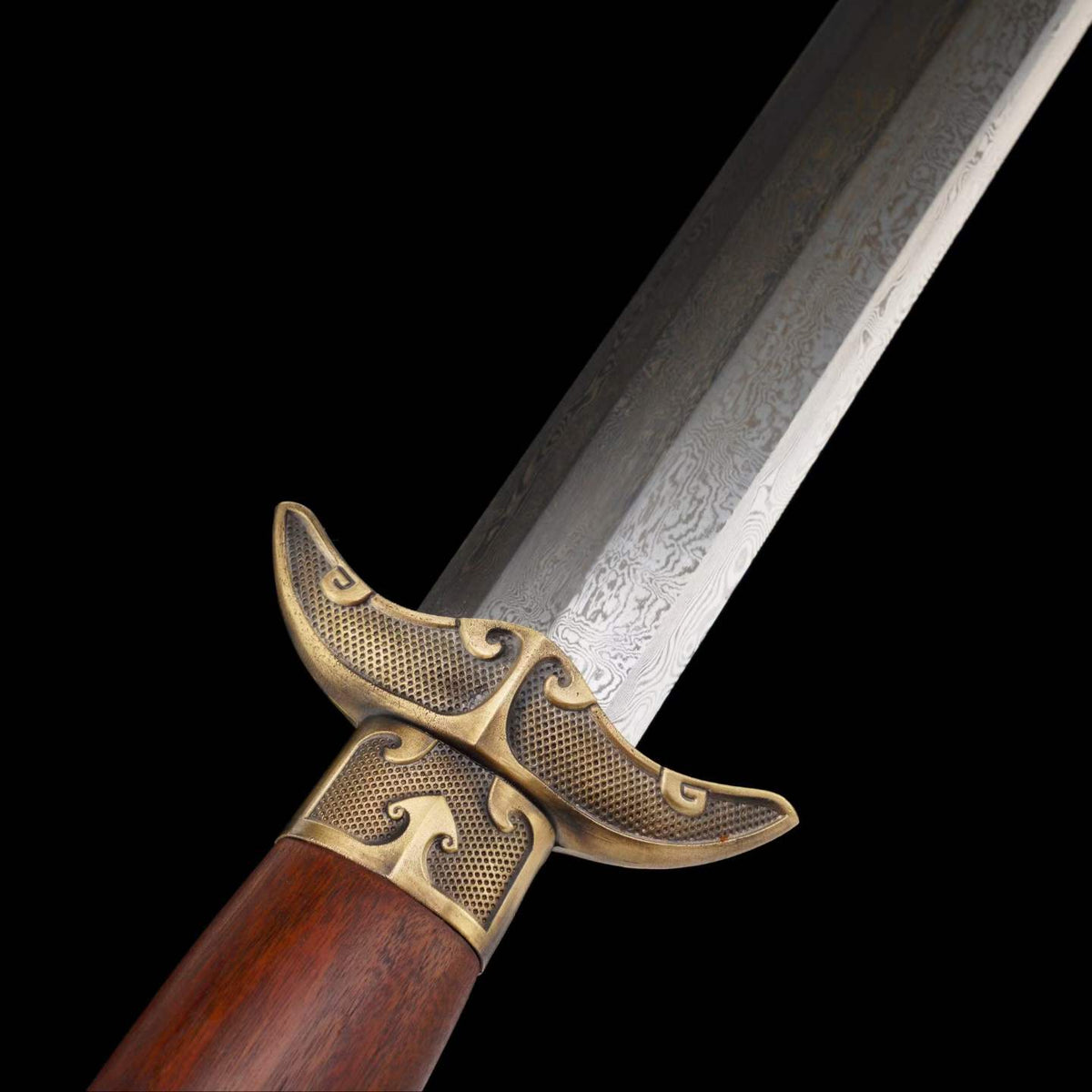 Hanchuan Song Dynasty Chinese Sword, Full Tang Construction, Sharp Blade, Eight‑Sided Forged Damascus Steel, Antique Bronze Cloud‑Pattern Fittings, Premium Dragon‑Phoenix Hardwood Handle And Scabbard, Historical Collectible Sword