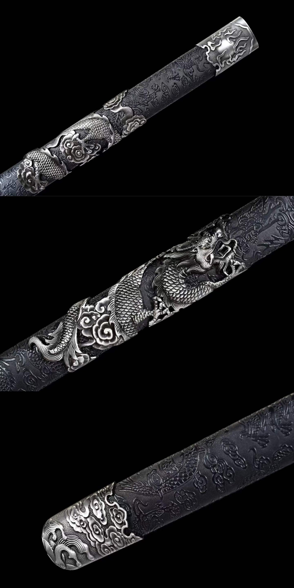 Coiled‑Dragon Ring‑Pommel Jian, Full Tang Construction, Sharp Blade, Forged High‑Manganese Steel Double Fuller Blade, Alloy Dragon‑Carved Fittings, One‑Piece Metal Handle, Solid‑Wood Faux‑Leather Wrapped Scabbard, Historical Chinese Collectible Sword