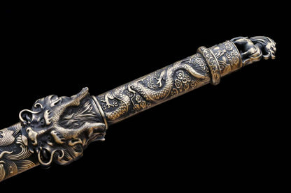 Cang‑Lan Dragon King Sword, Full Tang Construction, T10 Steel Clay‑Tempered Sharp‑Edged Blade, Antique‑Finished Solid Copper Fittings, Premium Ebony Wood Scabbard, Collectible Display Sword