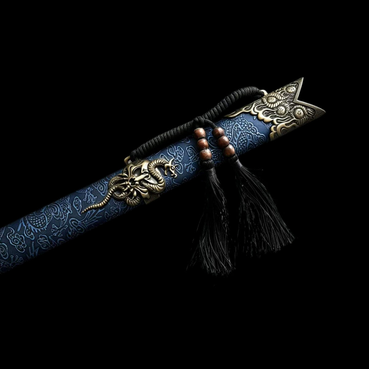 Black Scale Dao, Full Tang Construction, High Manganese Steel Blade, Sharp Edge, Antique Brass Fittings, Artificial Leather Wrapped Solid Wood Scabbard, Wooden Handle With Cord Wrapping, Collectible Decorative Chinese Sword