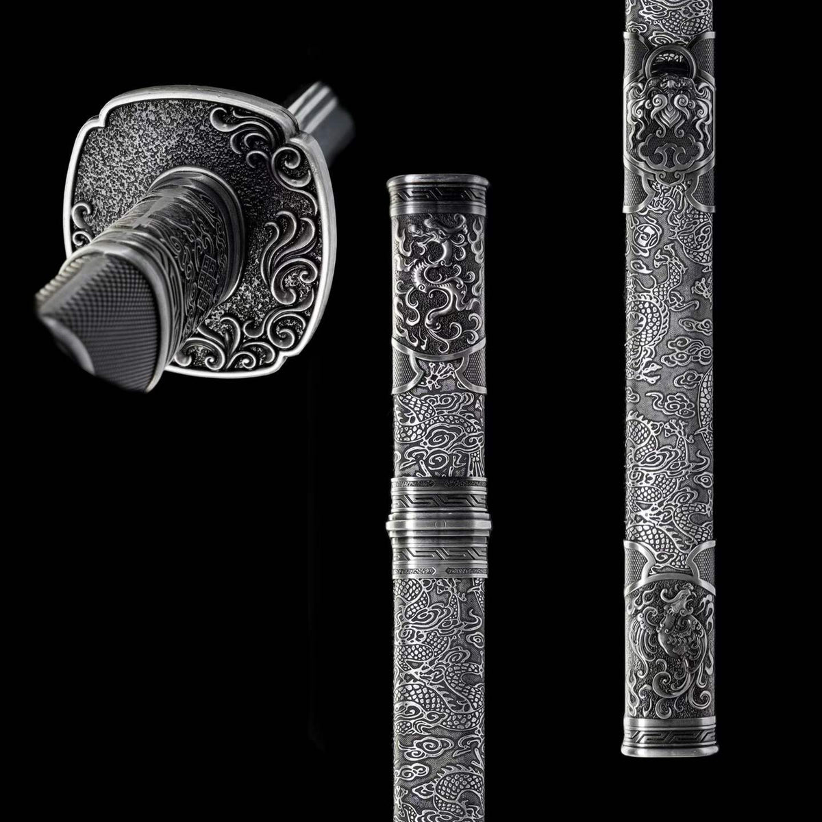 Full Tang Twin Dragon Mother & Son Sword Set, High Manganese Steel Chinese Double Sword, Sharp Blade, Antique Silver Carved Fittings, Decorative Collectible Sword