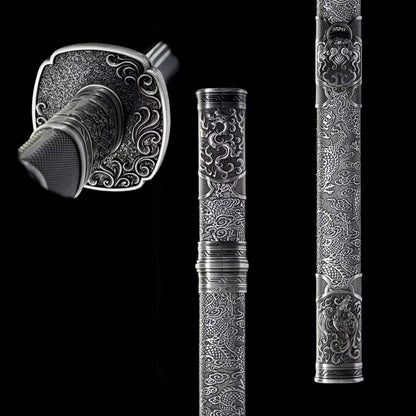 Full Tang Twin Dragon Mother & Son Sword Set, High Manganese Steel Chinese Double Sword, Sharp Blade, Antique Silver Carved Fittings, Decorative Collectible Sword