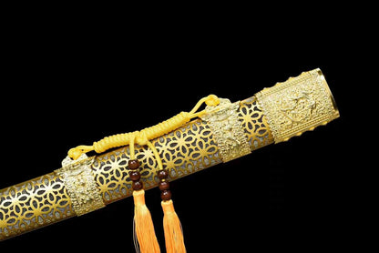 Kangxi Emperor Battle Dao, Full Tang Construction, High Manganese Steel Blade, Sharp Edge, Golden Alloy Luxury Fittings, Solid Wood Relief Scabbard, Collectible Decorative Chinese Sword