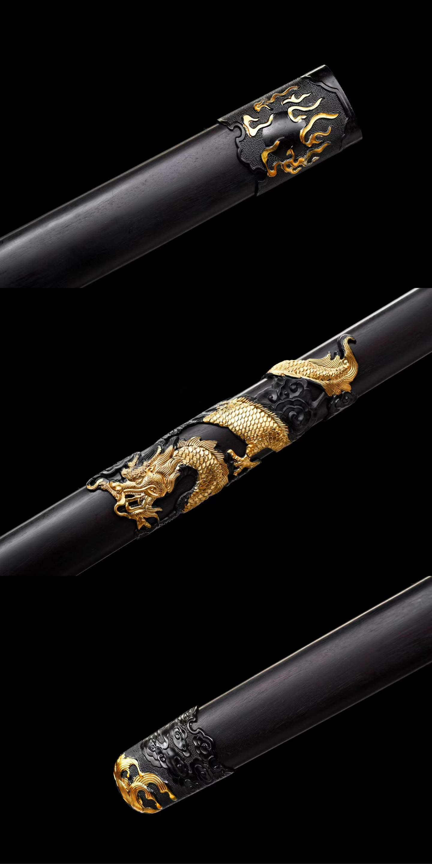 Dragon Theme Chinese Sword, High Manganese Steel Forged, Full Tang, Sharp Blade, Mirror Polished Convex Blade, Ebony Scabbard Collectible Decorative Sword