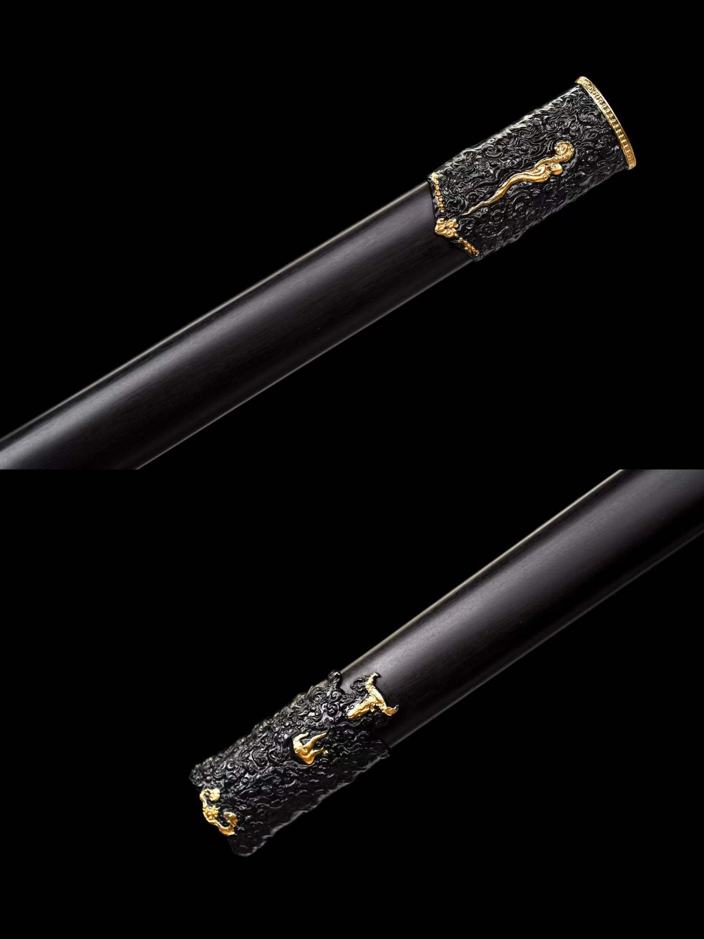 Integrated Full Tang High‑Manganese Steel Tang Straight Dao, Sharp Blade, One‑Piece Metal Handle, Solid Wood Scabbard Black‑Gold Dragon Pattern Ancient Chinese Collectible Sword