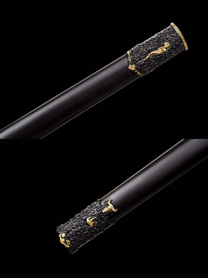 Integrated Full Tang High‑Manganese Steel Tang Straight Dao, Sharp Blade, One‑Piece Metal Handle, Solid Wood Scabbard Black‑Gold Dragon Pattern Ancient Chinese Collectible Sword