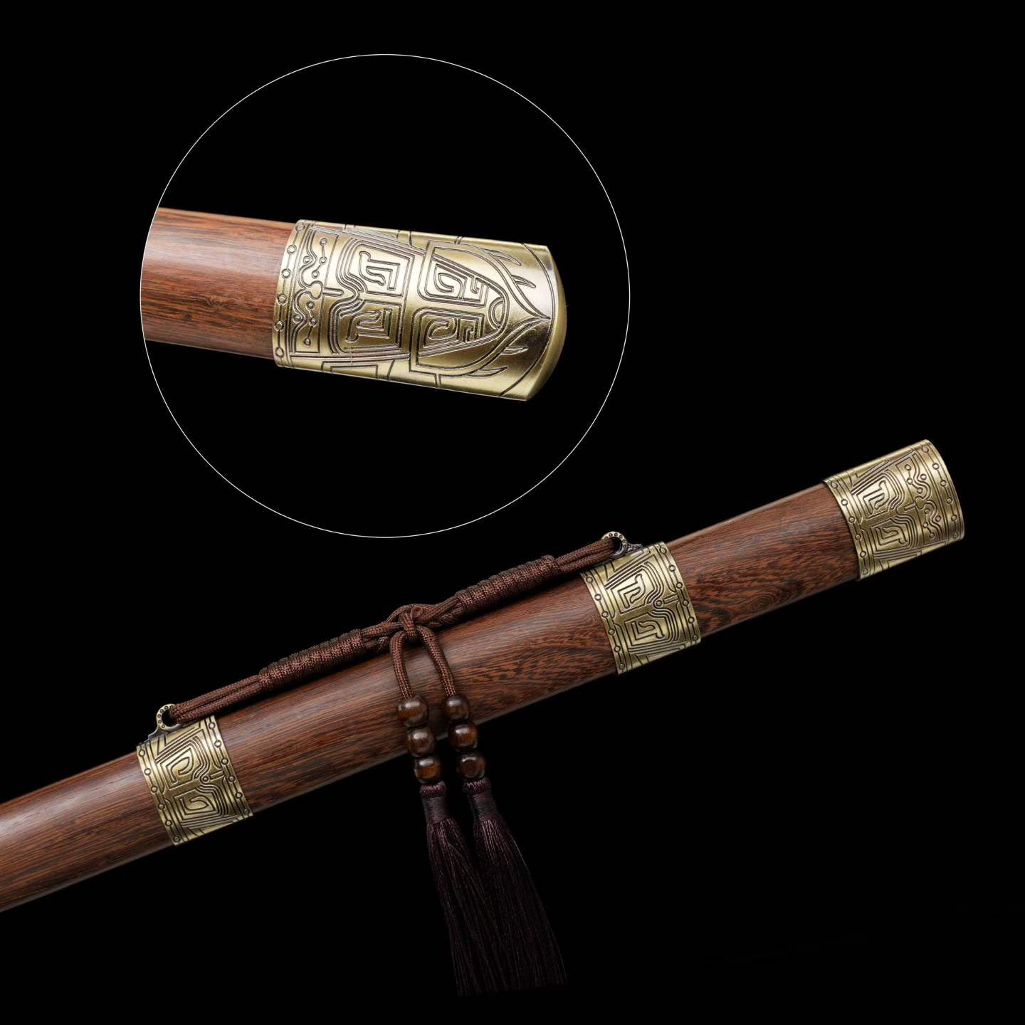 You‑Yun Tang Dao, Full Tang Construction, Sharp Blade, High‑Manganese Steel Blade, Alloy Fittings With Antique Meander Engraving, All‑Metal Integrated Handle, Premium Wing Wood Scabbard, Historical Collectible Chinese Sword
