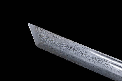 Wolf‑Head Sword, Damascus Steel Forged Blade, Alloy Fittings, Solid Wood Scabbard Wrapped with Dragon‑Pattern Artificial Leather, Collectible Display Sword