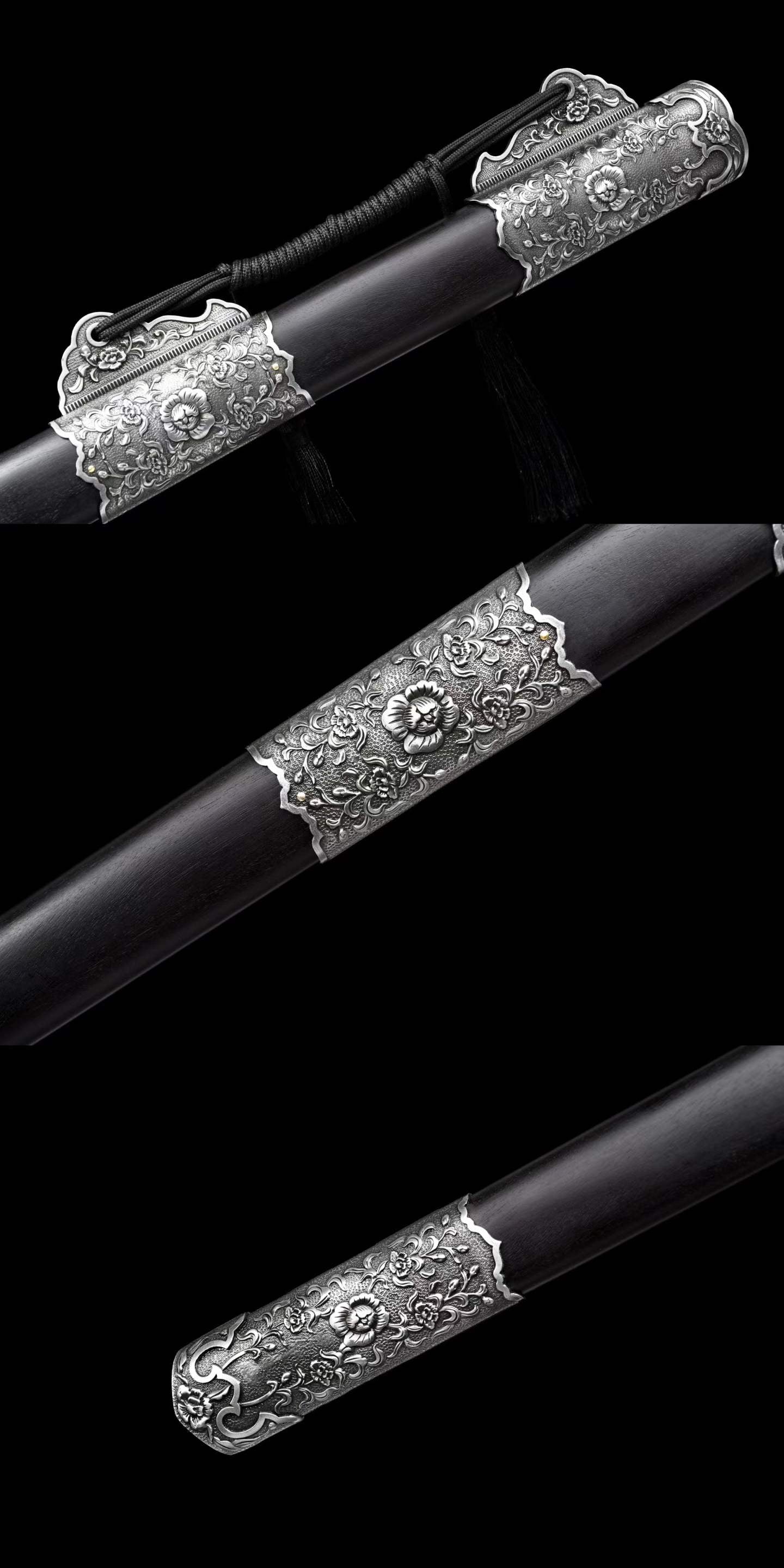 Jin‑Shuang Tang Dao, Full Tang Construction, Sharp Blade, High‑Manganese Steel Blade, Zinc‑Alloy Peony Engraved Fittings, Premium Ebony Wood Handle And Scabbard, Historical Replica Collectible Sword