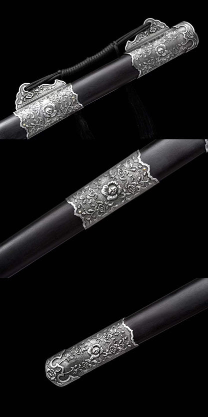 Jin‑Shuang Tang Dao, Full Tang Construction, Sharp Blade, High‑Manganese Steel Blade, Zinc‑Alloy Peony Engraved Fittings, Premium Ebony Wood Handle And Scabbard, Historical Replica Collectible Sword